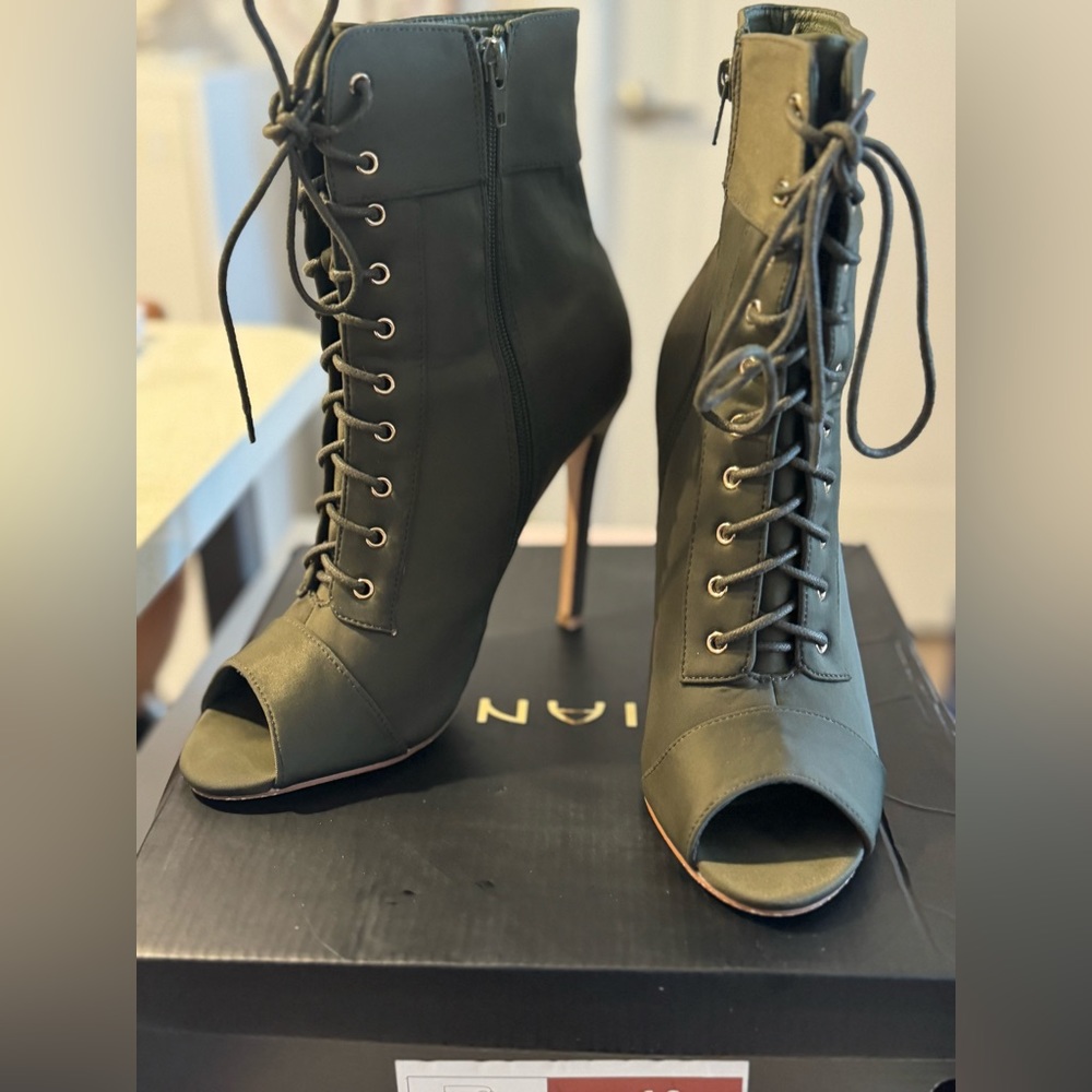 Olive satin bootie…. BEAUTIFUL!!